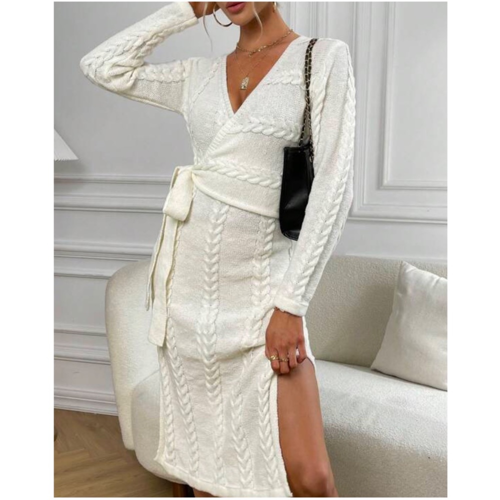 Luxe Cream Side Slit Tie Sweater Dress - Picture 2 of 4